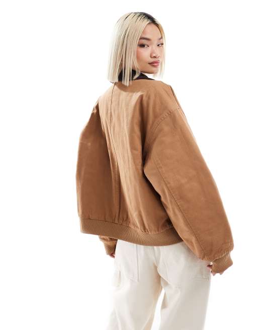 Monki barn jacket in light brown with contrast cord collar