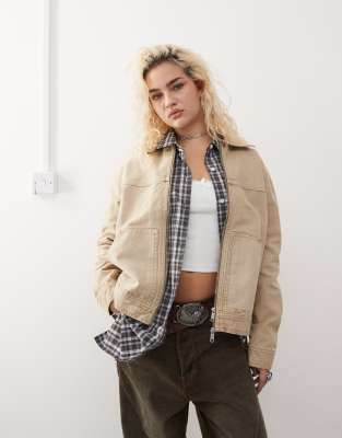 Monki Monki barn jacket with collar and front patch pockets in washed beige-Neutral