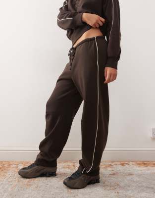 Monki Barrel Leg Sweatpants With Beige Piping Detail In Brown