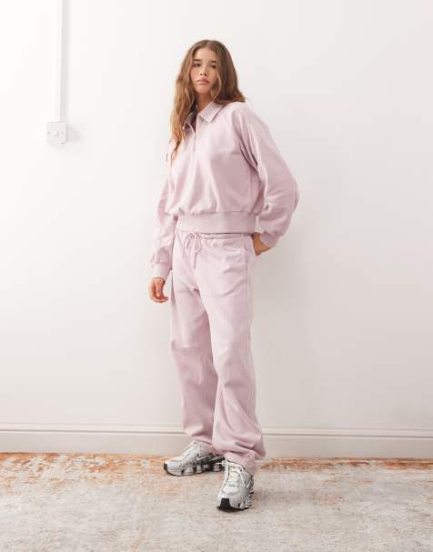 Monki barrel leg sweatpants with beige piping detail in light pink - part of a set - view 1