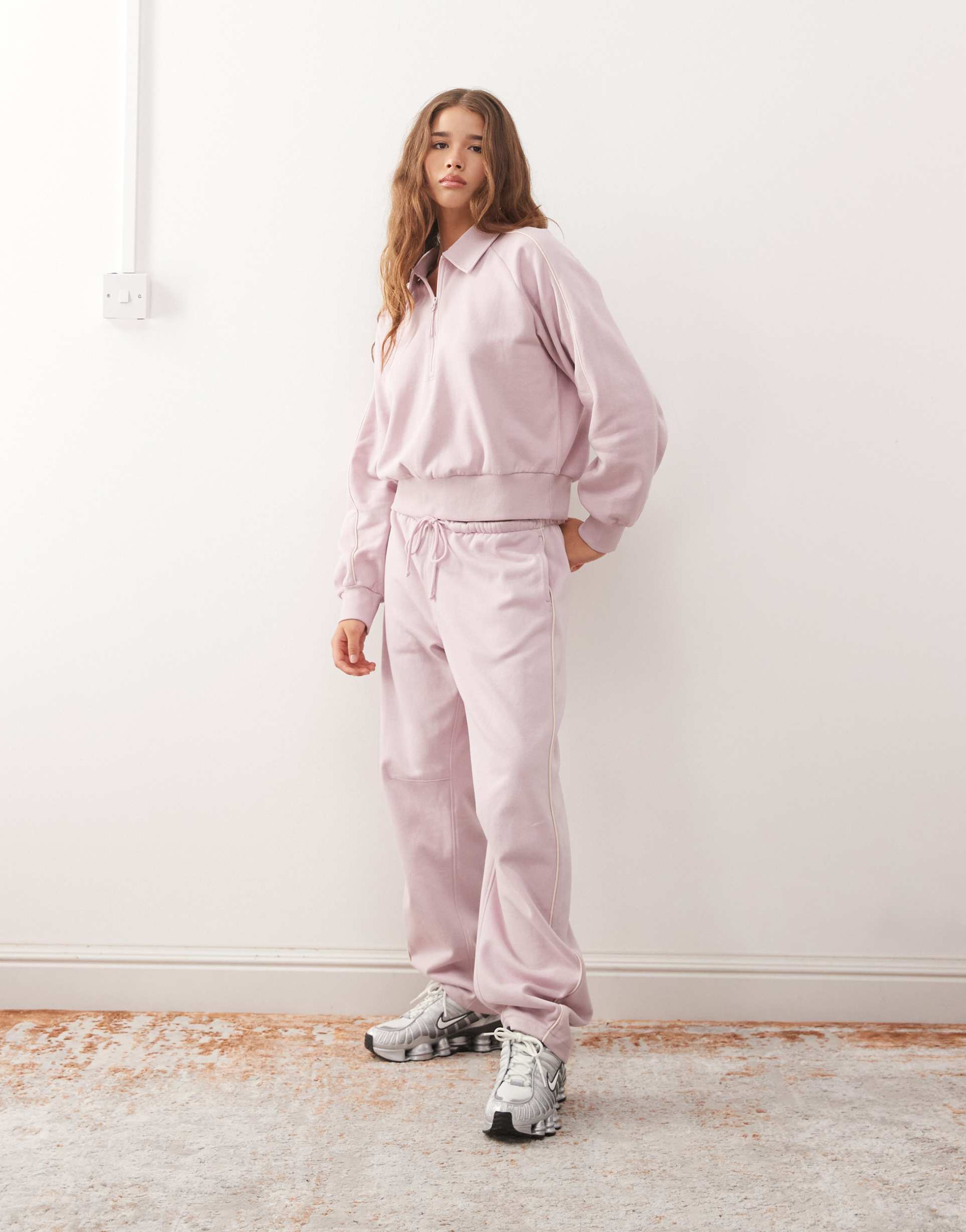 monki barrel leg sweatpants with beige piping detail in light pink - part of a set