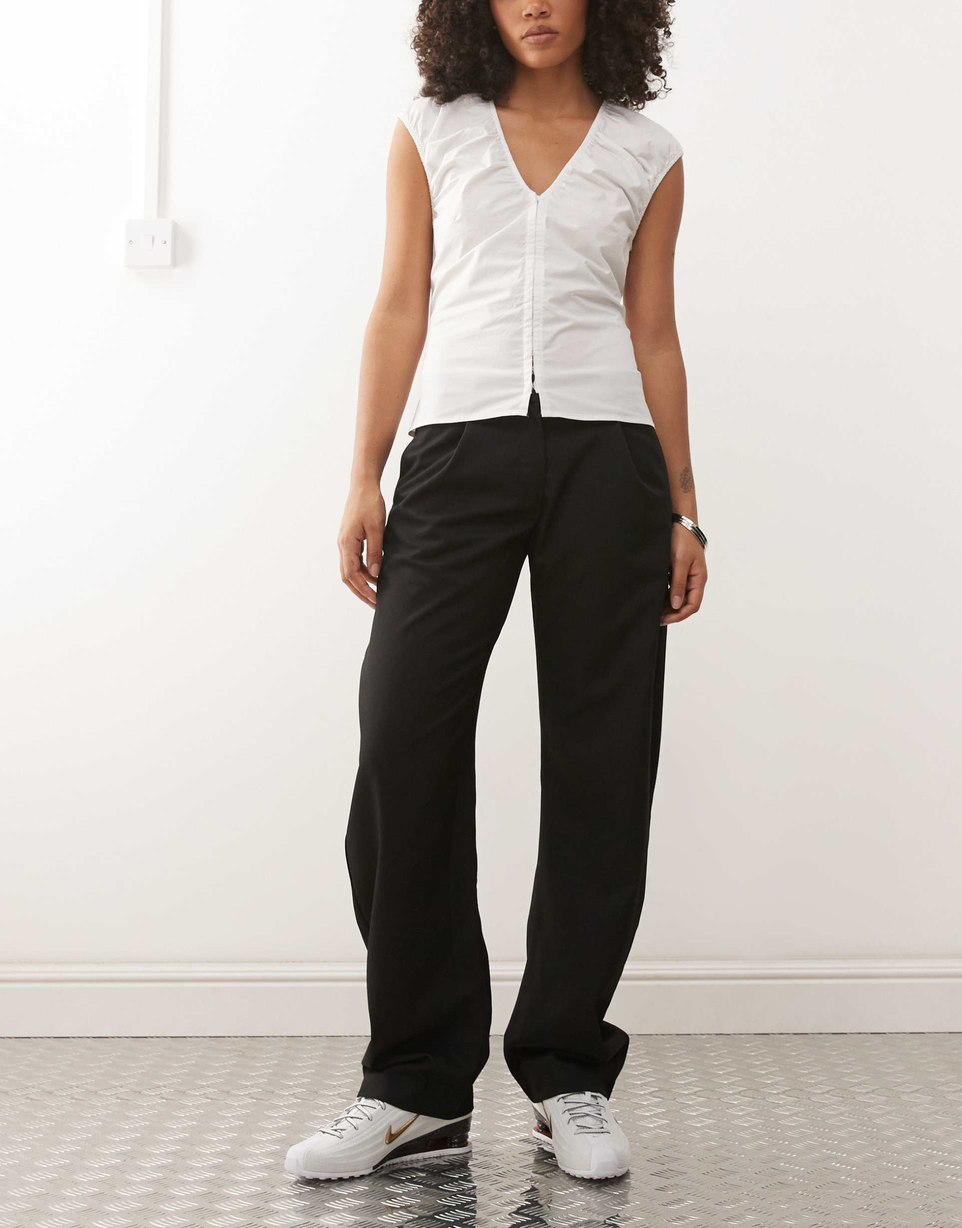 monki barrel leg tailored pants in black