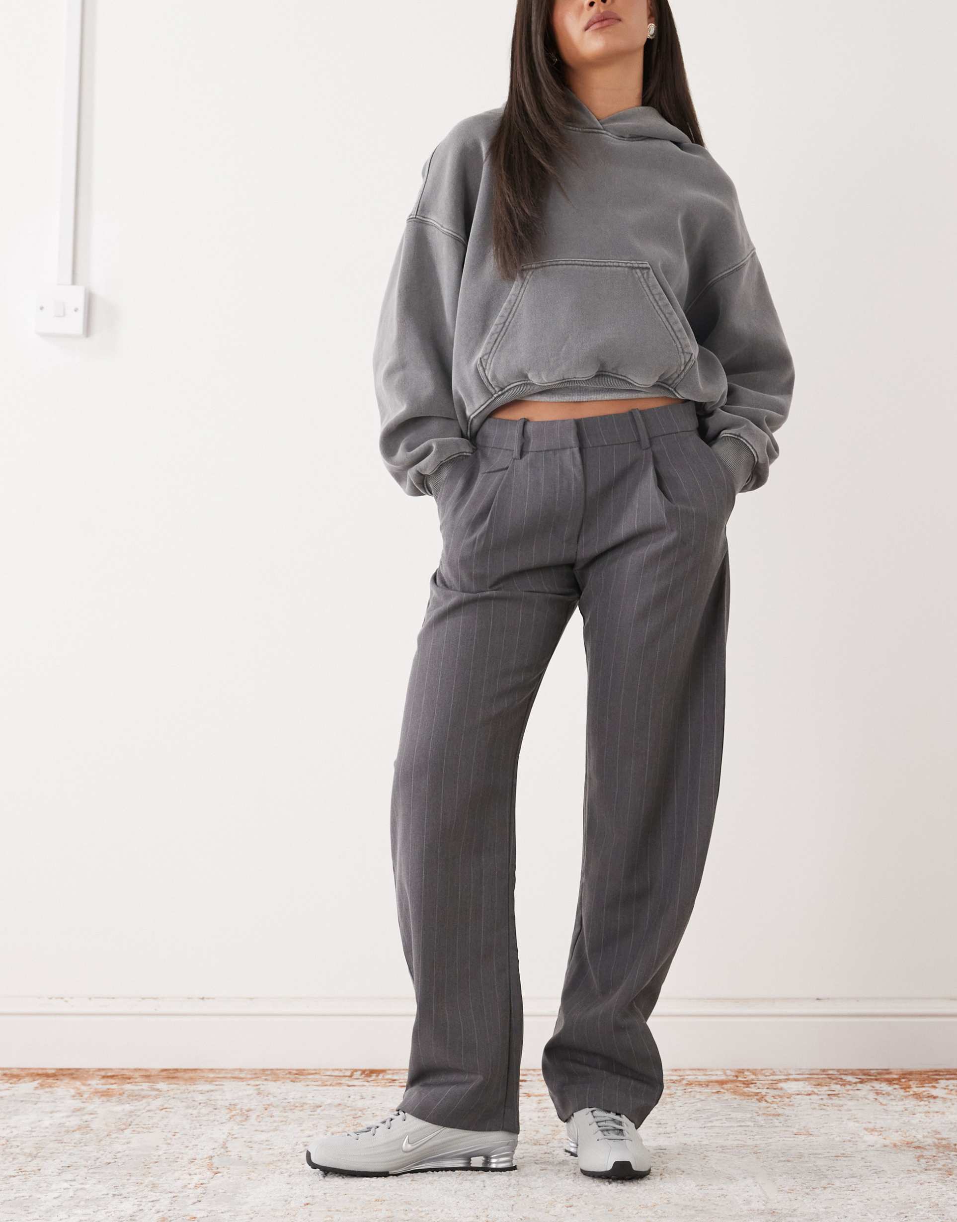 monki barrel leg tailored pants in charcoal gray pinstripes