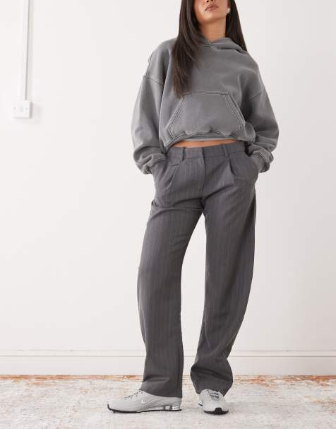 Monki barrel leg tailored pants in charcoal grey pinstripe - view 1