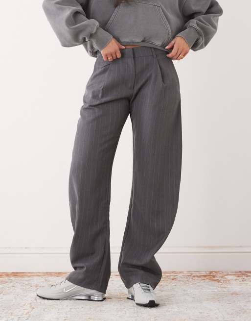 Monki barrel leg tailored trouser in charcoal grey pinstripe, 2 of 5