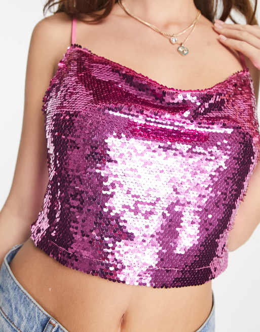 Monki – Bauchfreies Camisole-Top mit Pailletten in Rosa, Kombiteil, 3 von 4