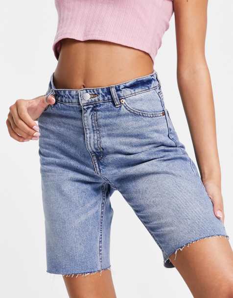 Monki Bea cotton blend longline denim shorts in mid wash - MBLUE - view 1