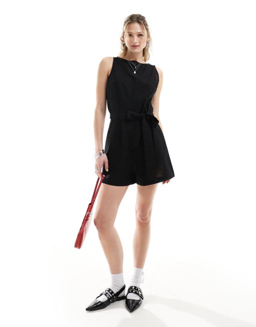 Monki beach linen mix sleeveless romper with tie belt detail in black
