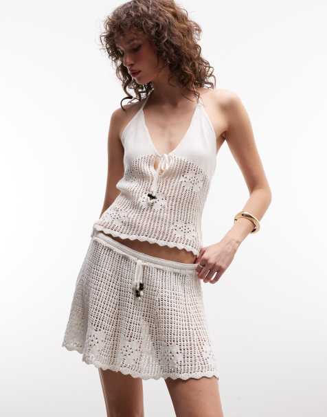 Monki beaded tie crochet style set in white - view 1