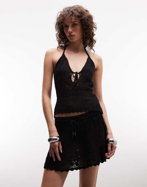 Monki beaded tie crochet style top co-ord in black - view 1