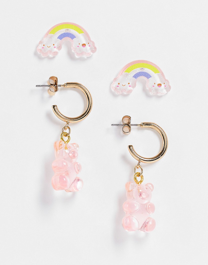 Monki bear and rainbow earrings in pink