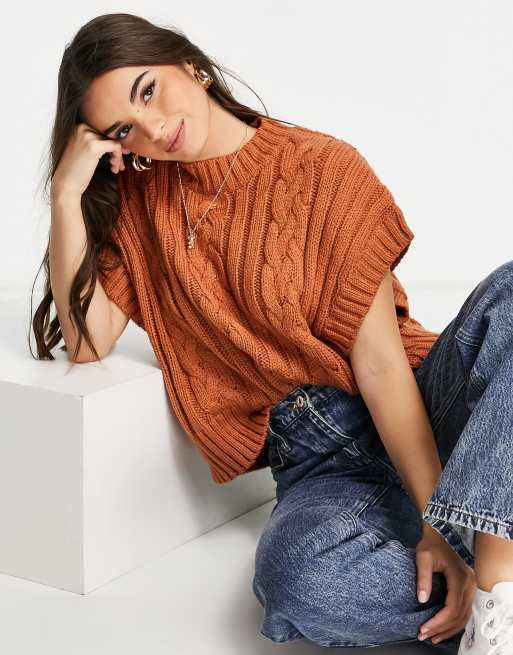 Monki Beatrice cable knit sweater singlet in rust - RED