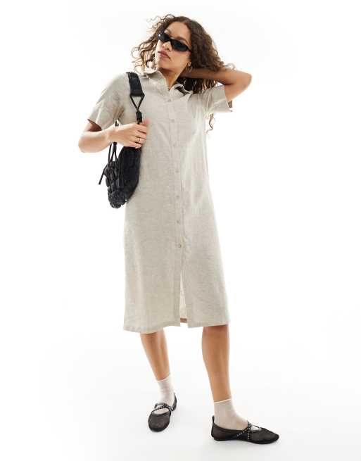 Monki - Beige midi-skjortekjole med knapper foran i hørblanding