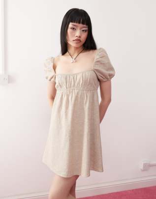 Monki – Beige miniklänning i linnemix med puffärmar – Endast hos ASOS - view 1