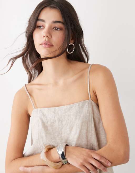 Monki – Beige miniklänning i linnemix med smala axelband och fickor, 2 av 4