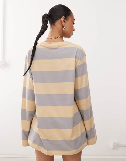 Monki – Beige- och grårandig t-shirt i extra oversize med långa ärmar, 4 av 4