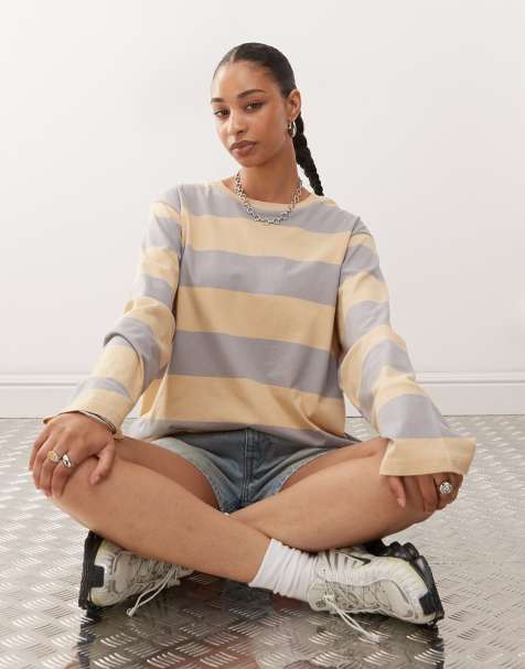 Monki - Beige og grå super-oversized langærmet T-shirt med striber - view 1
