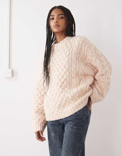 Monki – Beige, oversized, grovt flätstickad tröja i ullblandat tyg