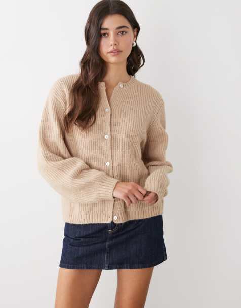 Monki – Beige, stickad kofta med knäppning - view 1