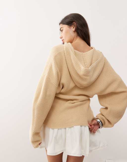 Monki – Beige, stickad tröja med huva, dragkedja och markerad midja, 4 av 4