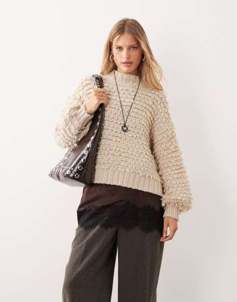 Monki - Beige strikket oversized trøje med tekstur - view 1