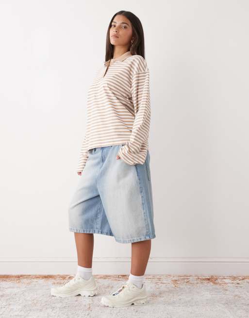 Monki – Beige, vitrandig pikétröja i rugbystil och oversized fit med långa ärmar, 2 av 4