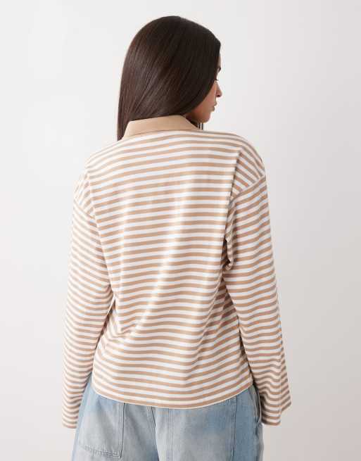 Monki – Beige, vitrandig pikétröja i rugbystil och oversized fit med långa ärmar, 3 av 4