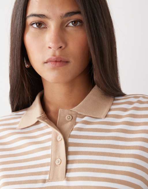 Monki – Beige, vitrandig pikétröja i rugbystil och oversized fit med långa ärmar, 4 av 4