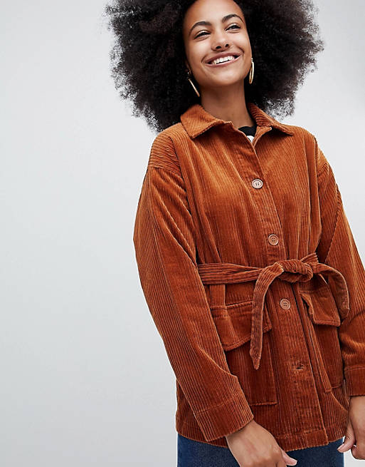 Monki belted cord jacket in rust