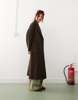 Weekday Logan wool blend oversized double breasted coat in brown herringbone