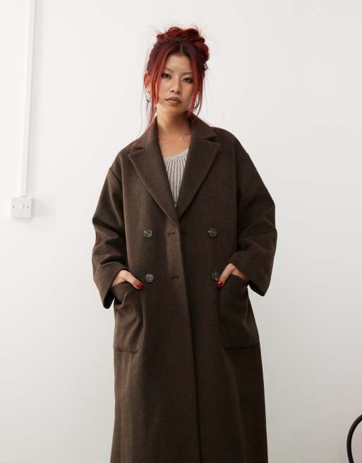 Monki belted double breasted coat in brown melange | ASOS
