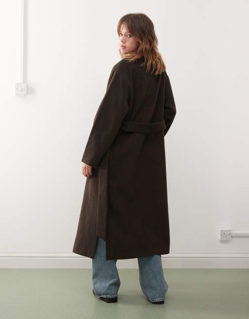 Monki belted double breasted coat with wool in brown melange