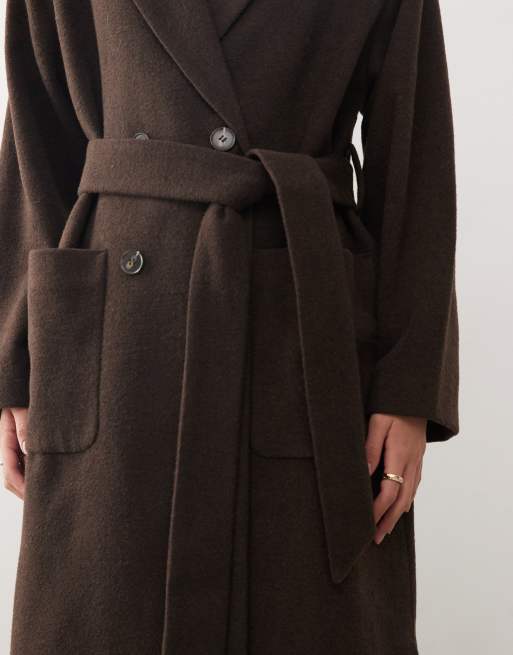 Monki belted double breasted coat with wool in brown melange