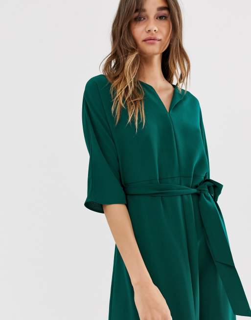 Monki belted midi dress with front slit in dark green, 3 of 4