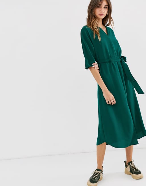 Monki belted midi dress with front slit in dark green, 4 of 4