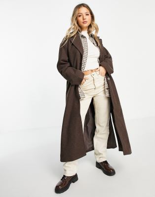 Monki belted oversize coat in brown melange