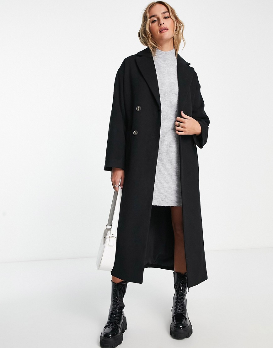 Monki Belted Wool Blend Double Breasted Coat In Black