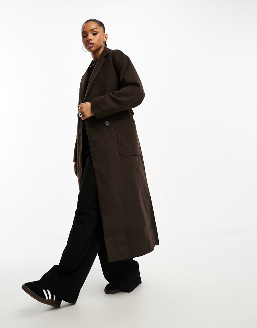 Monki Belted Wool Blend Double Breasted Coat In Brown Melange
