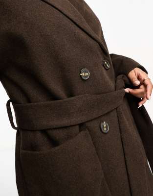 Monki belted wool blend double breasted coat in brown melange