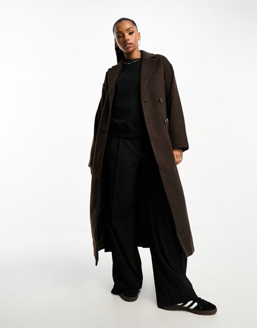 Monki belted wool blend double breasted coat in brown melange