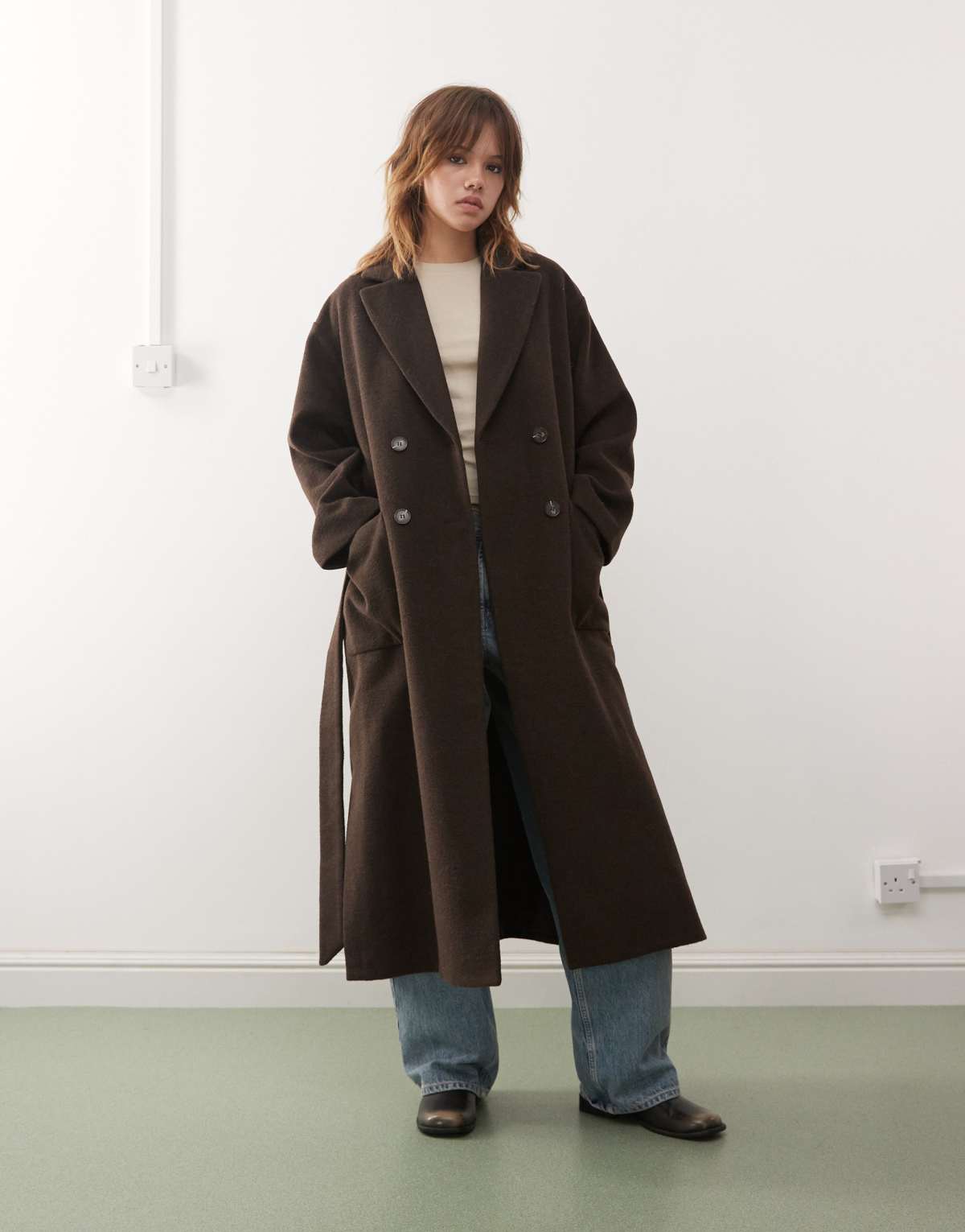 Monki belted wool blend double breasted coat in brown melange