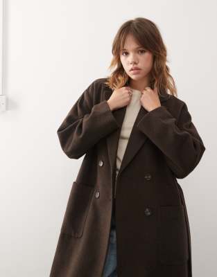 Monki Belted Wool Blend Double Breasted Coat In Brown
