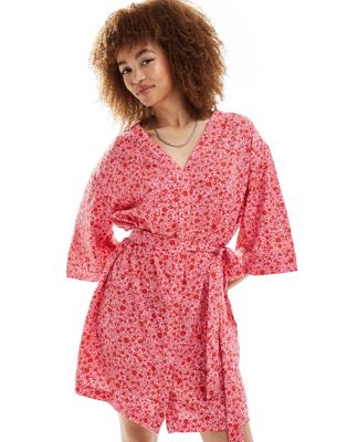 Monki belted wrap mini dress in red ditsy floral