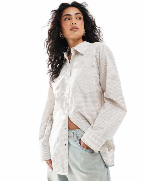 Monki – Beżowa bawełniana koszula oversize w kratę - view 1