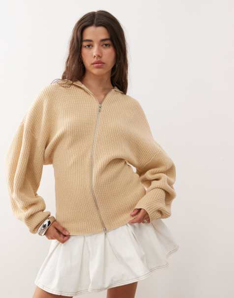 Monki knitted hooded jumper double zip and cinched waist detail in beige