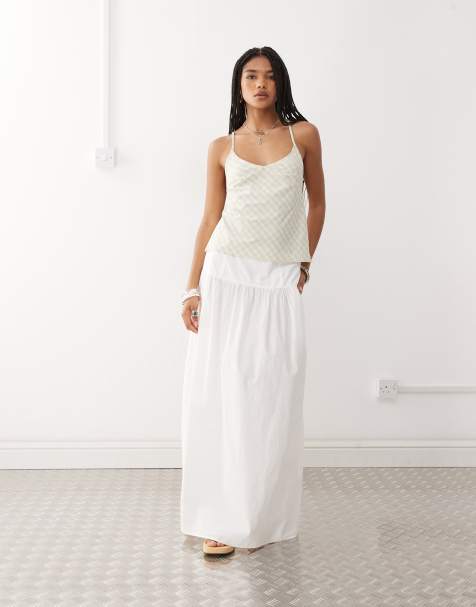 Monki floaty poplin maxi skirt with drop waist detail in white