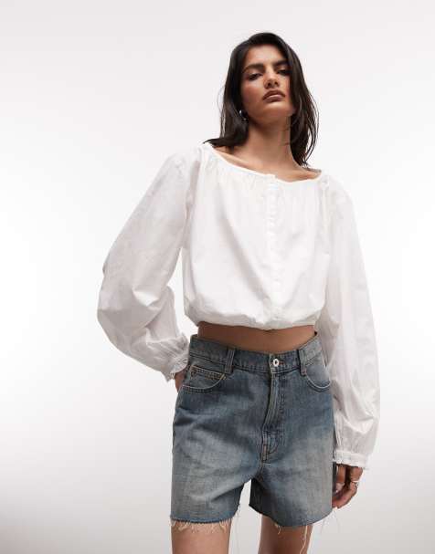 Monki – Biały bawełniany top typu milkmaid z balonowymi rękawami - view 1