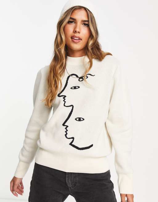 Monki – Biały dzianinowy sweter o luźnym kroju z abstrakcyjnym wzorem