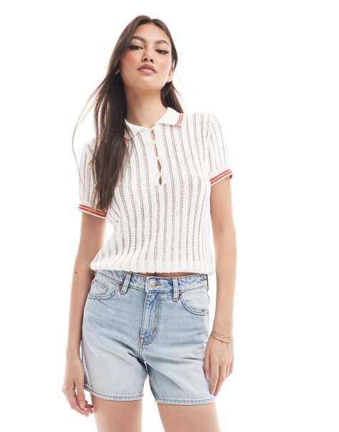 Monki knitted polo top with stitch detail in white