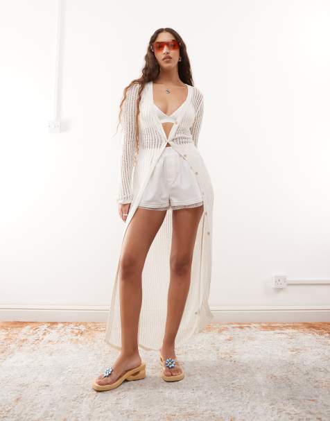 Monki open knit maxi cardigan in white